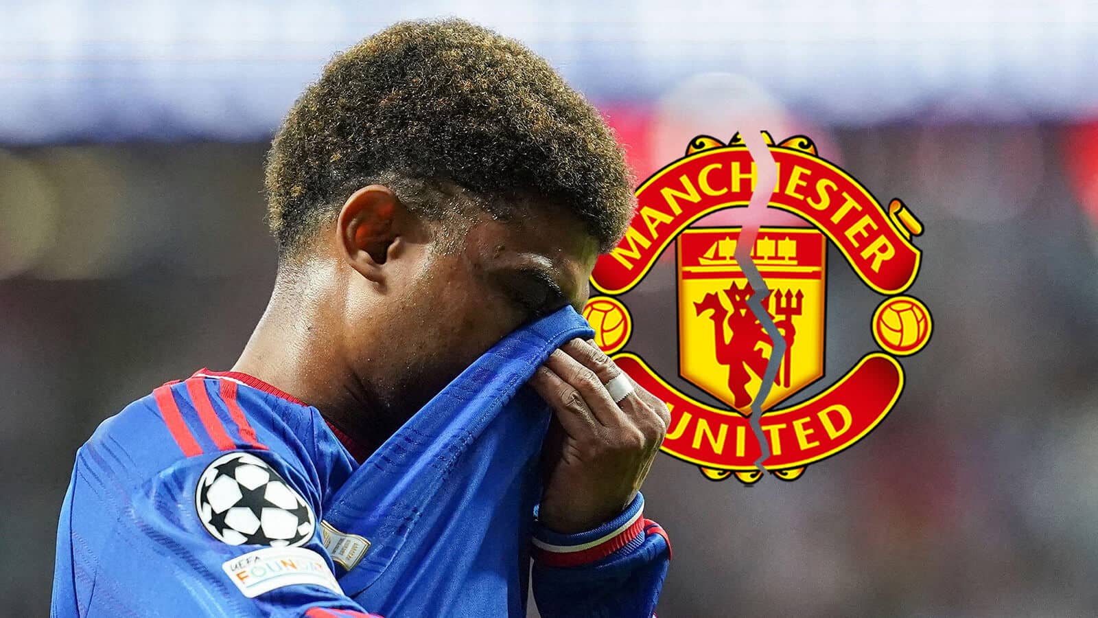 Manchester United star Amad Diallo next to a cracked Manchester United badge