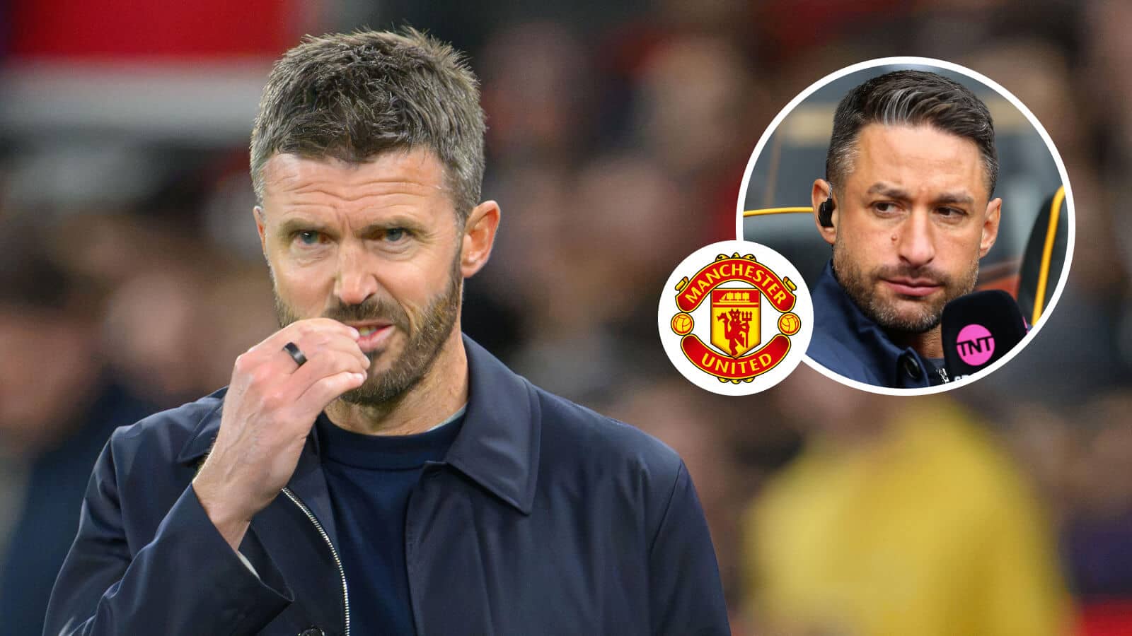 Manchester United manager Michael Carrick, Manchester United badge and The Athletic journalist David Ornstein - copyright TEAMtalk