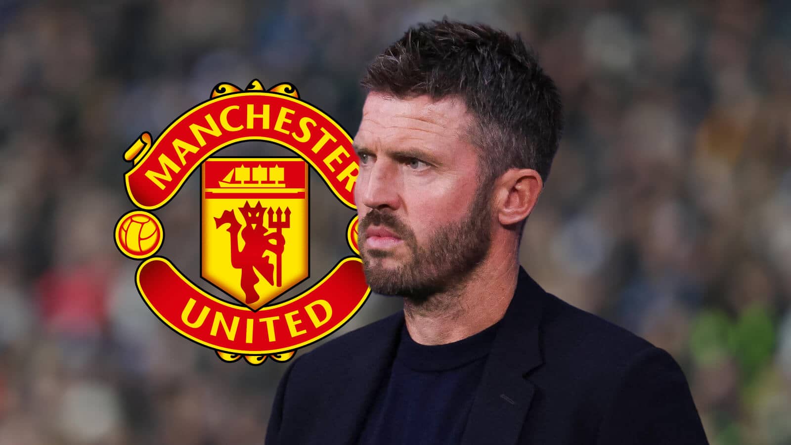 Manchester United boss Michael Carrick next to the club badge