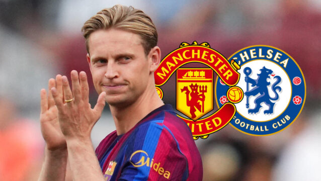 Frenkie de Jong with Man Utd and Chelsea badges