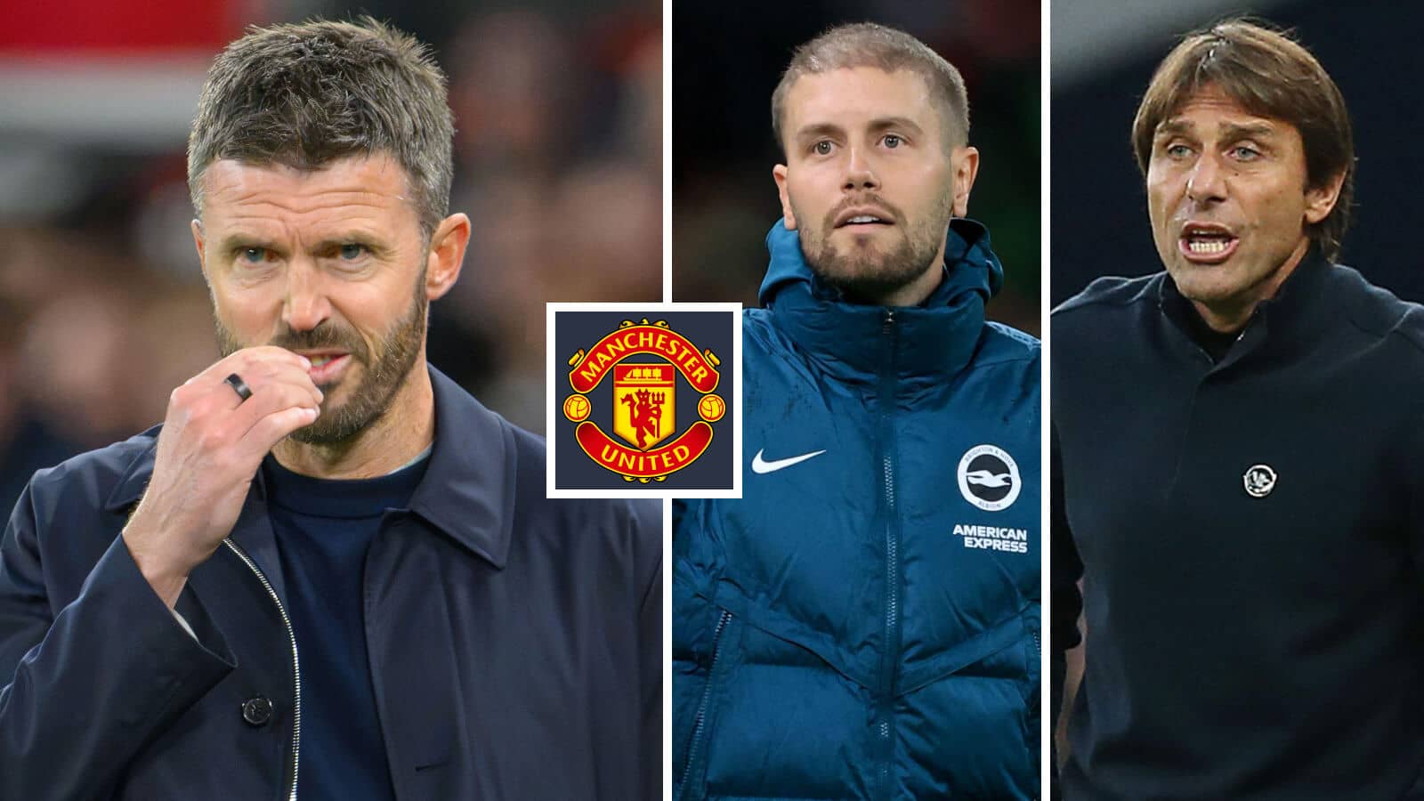 Manchester United boss Michael Carrick next to the club badge and would-be successors Fabian Hurzeler and Antonio Conte