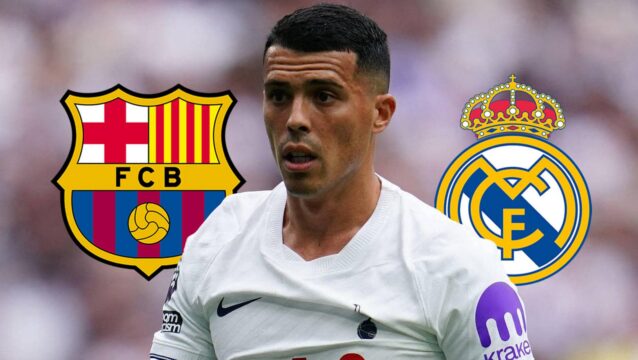 Pedro Porro with Barcelona, Real Madrid badges
