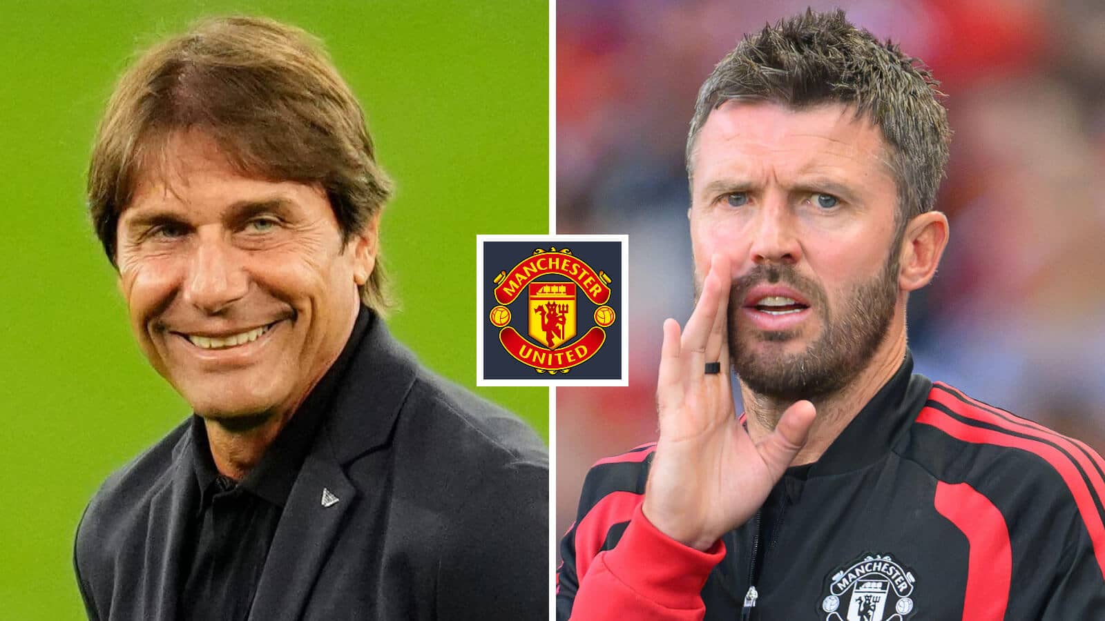 Antonio Conte and Michael Carrick either side of the Manchester United badge