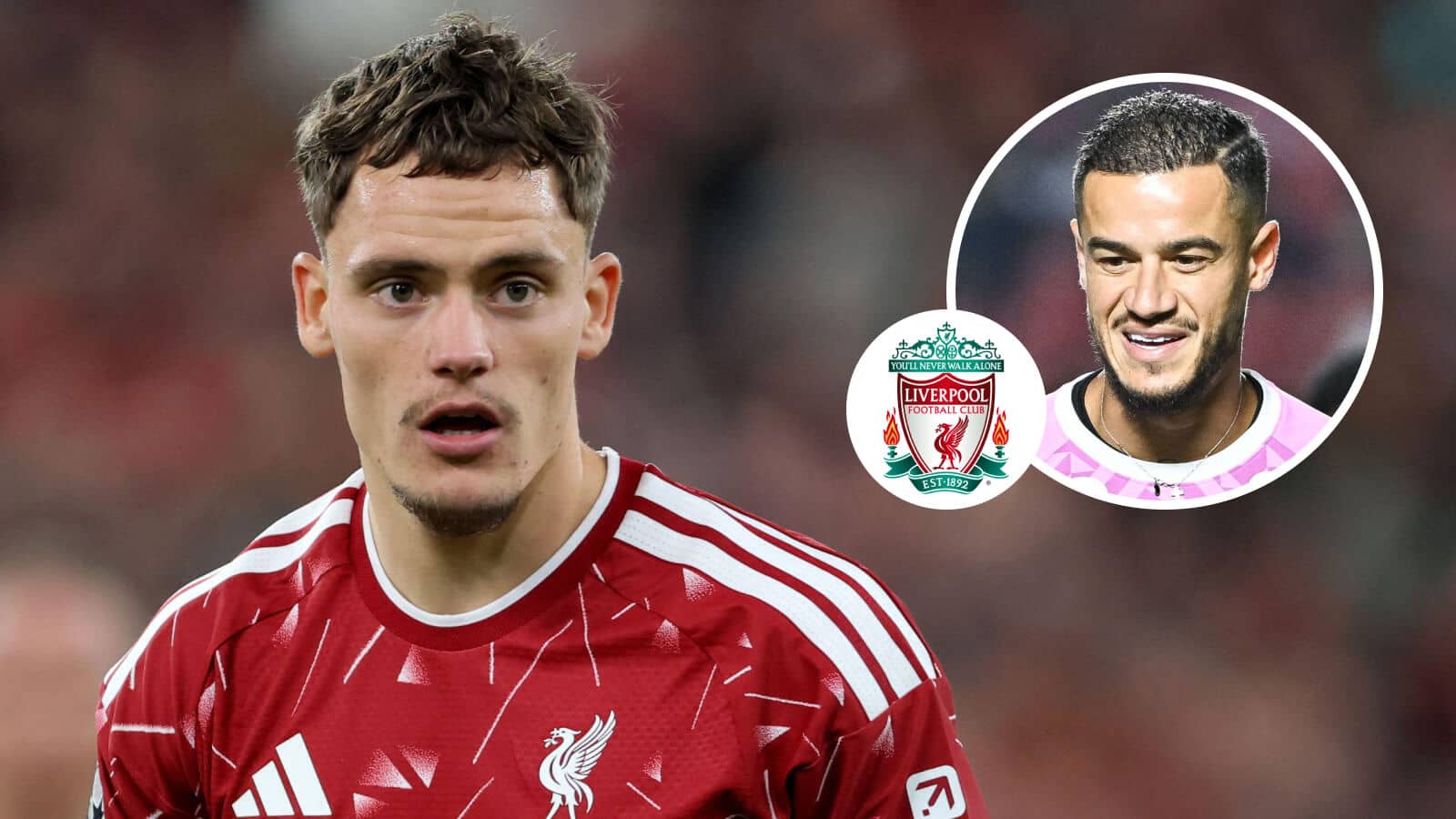 Florian Wirtz, Liverpool badge and Phillippe Coutinho - copyright TEAMtalk