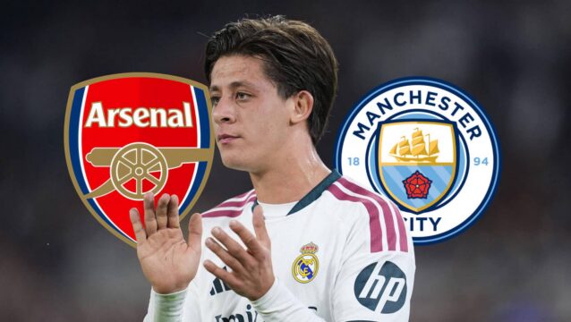Real Madrid's Arda Guler with Arsenal, Man City badges