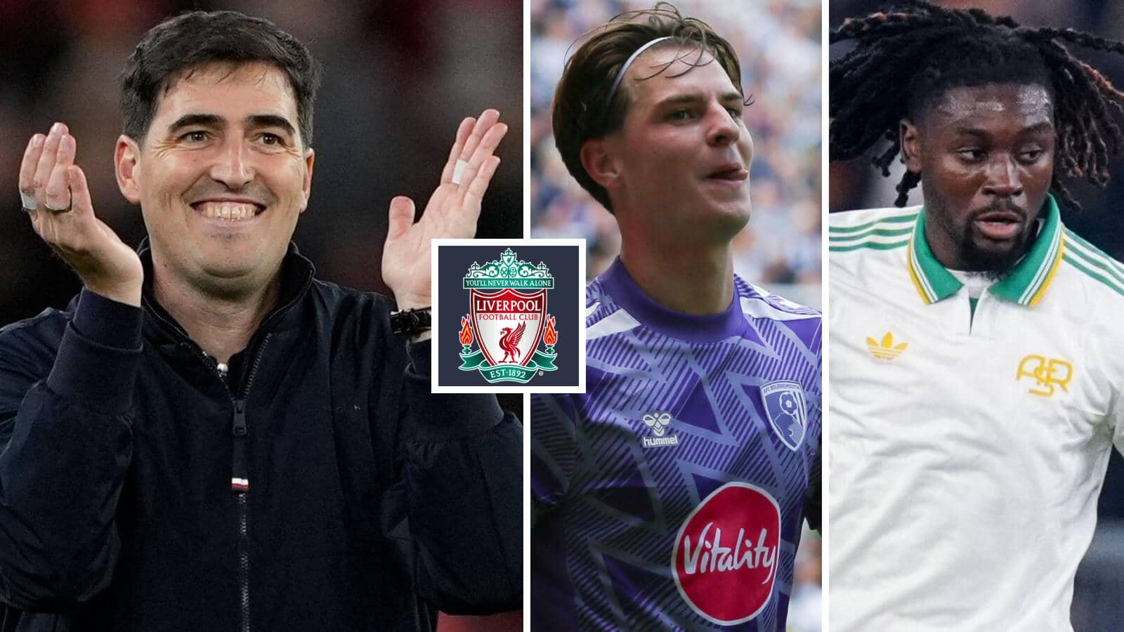Liverpool boss Andoni Iraola next to the club badge and transfer targets, Alex Scott of Bournemouth and Roma's Manu Kone