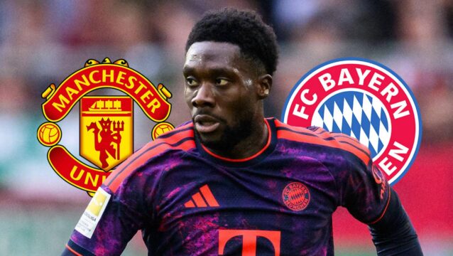 Manchester United badge, Alphonso Davies, Bayern Munich badge - copyright TEAMtalk
