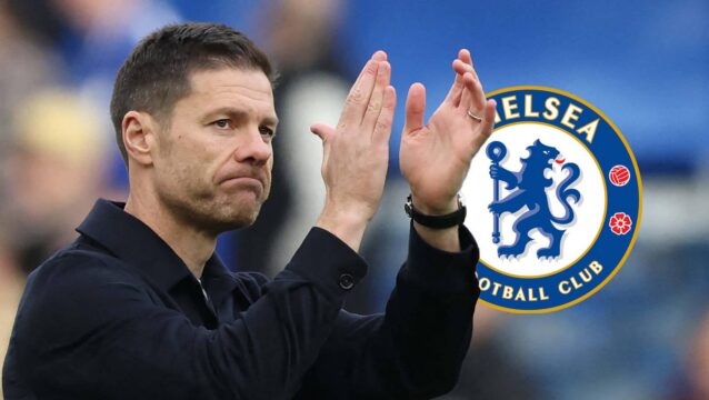 Chelsea manager Xabi Alonso next to the Chelsea badge - copyright TEAMtalk