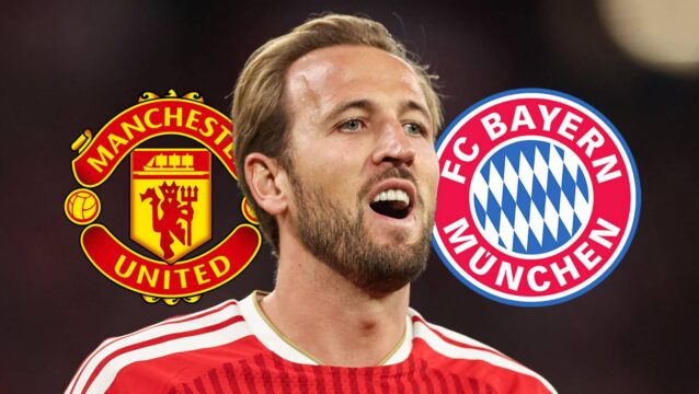Manchester United badge, Harry Kane and Bayern Munich badge - copyright TEAMtalk