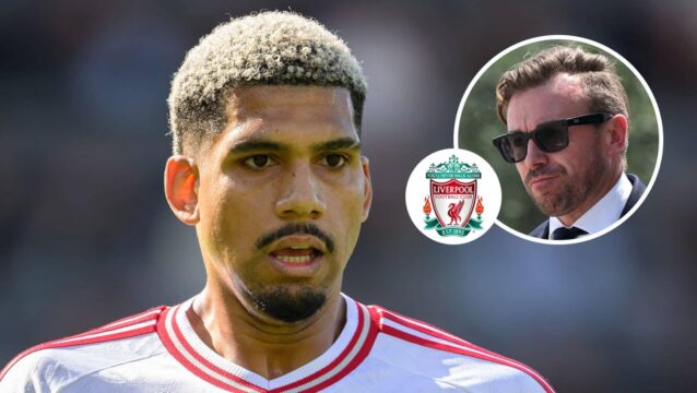 Liverpool defender Ronald Araujo and, inset, the club's sporting director Julian Ward next to the Liverpool FC badge