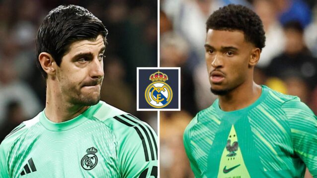 Thibaut Courtois, Guillaume Restes with Real Madrid badge