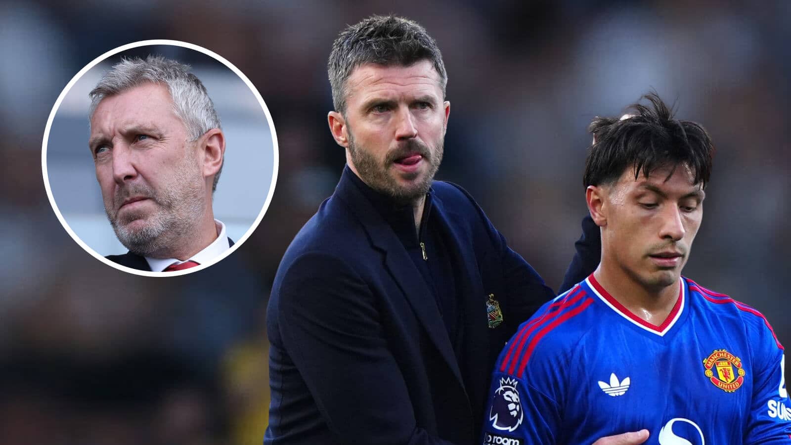 Manchester United boss Michael Carrick and defender Lisandro Martinez and, inset, Jason Wilcox