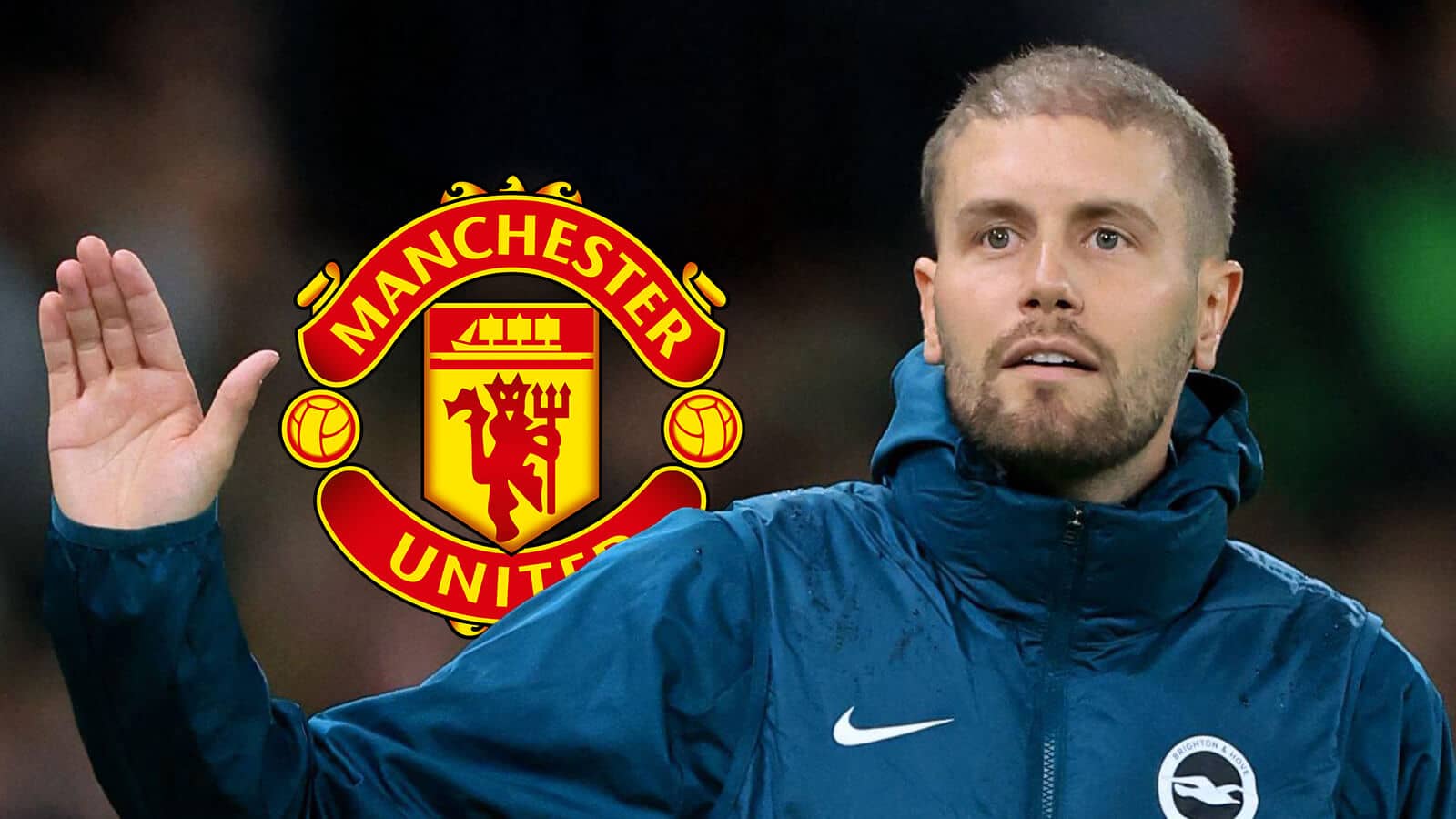 Brighton boss Fabian Hurzeler with a Man Utd badge