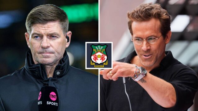 Liverpool icon Steven Gerrard next to Wrexham owner Ryan Reynolds and the Wrexham badge