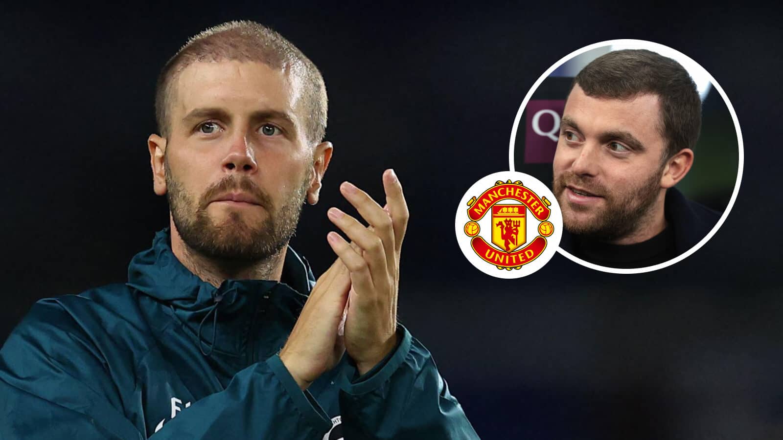 Brighton boss Fabian Hurzeler and, inset, Fabrizio Romano next to the Manchester United badge