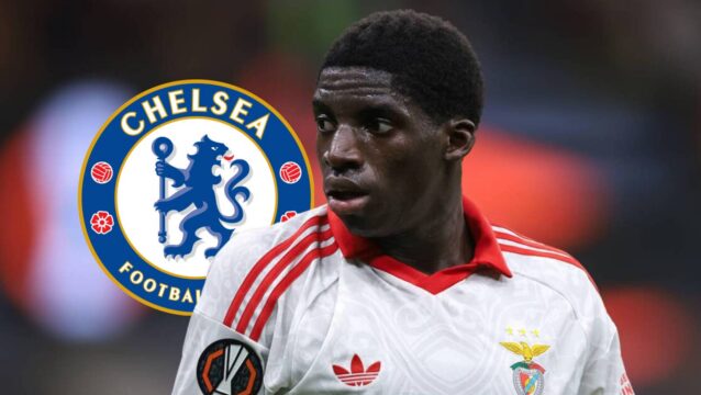 Benfica star Daniel Banjaqui next to the Chelsea badge
