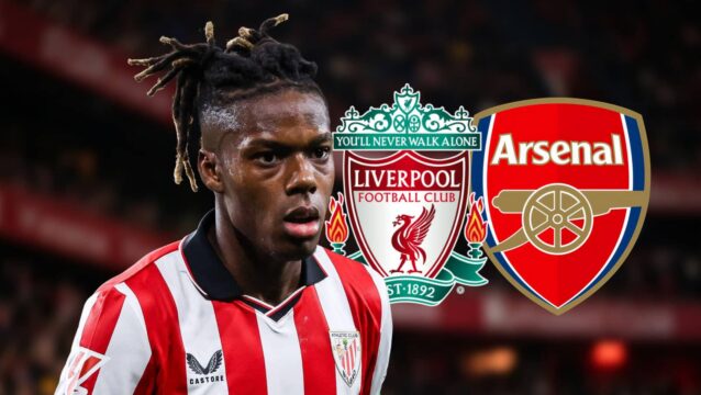 Nico Williams with Liverpool, Arsenal badges