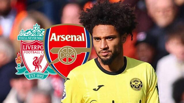 Brentford star Kevin Schade with Arsenal and Liverpool badges