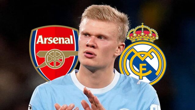Arsenal badge, Erling Haaland and Real Madrid badge - copyright TEAMtalk