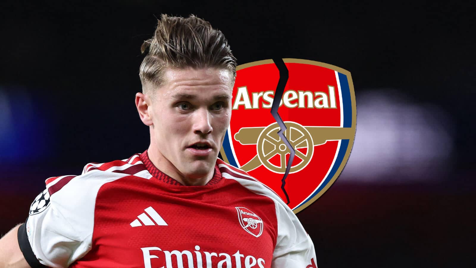 Arsenal striker Viktor Gyokeres next to a cracked Arsenal badge - copyright TEAMtalk