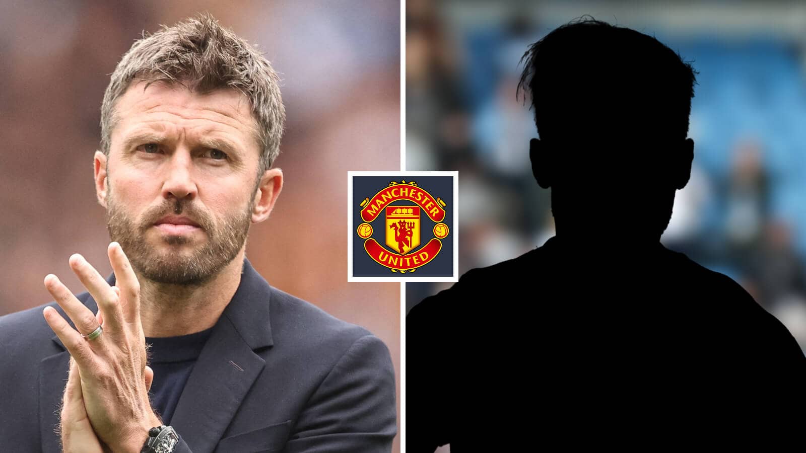 Split image of Manchester United manager Michael Carrick and a shadow, with the Manchester United badge in between - copyright TEAMtalk