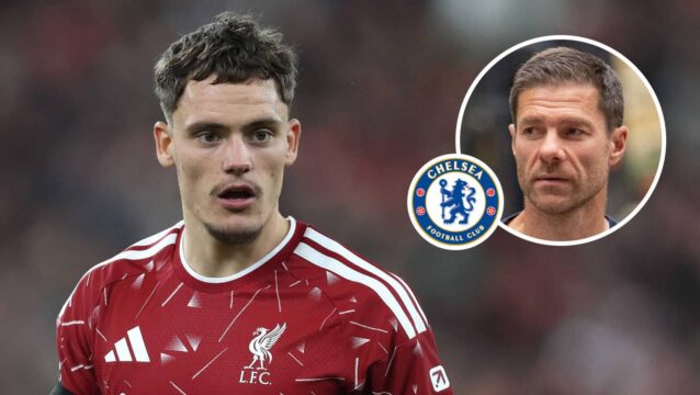 Liverpool midfielder Florian Wirtz, Chelsea badge and Chelsea manager Xabi Alonso - copyright TEAMtalk