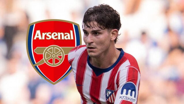 Arsenal badge and Atletico Madrid striker Julian Alvarez - copyright TEAMtalk