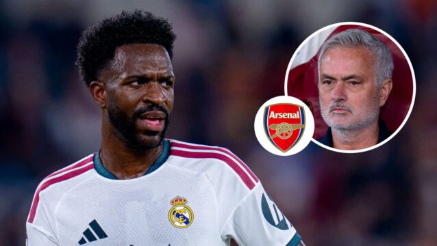 Real Madrid winger Vinicius Junior, Arsenal badge and Jose Mourinho - copyright TEAMtalk