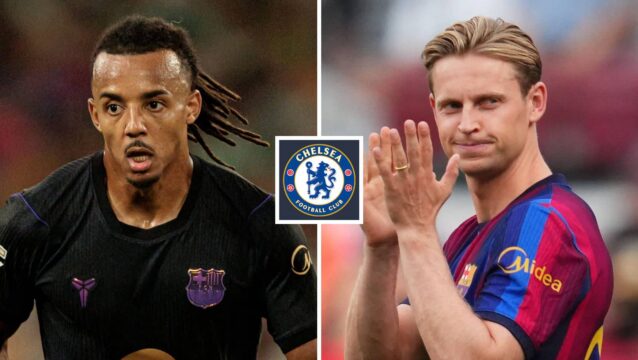 Barcelona stars Jules Kounde and Frenkie de Jong with a Chelsea badge