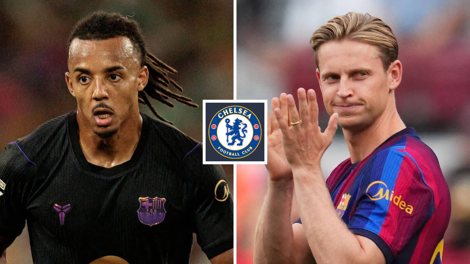 Barcelona stars Jules Kounde and Frenkie de Jong with a Chelsea badge