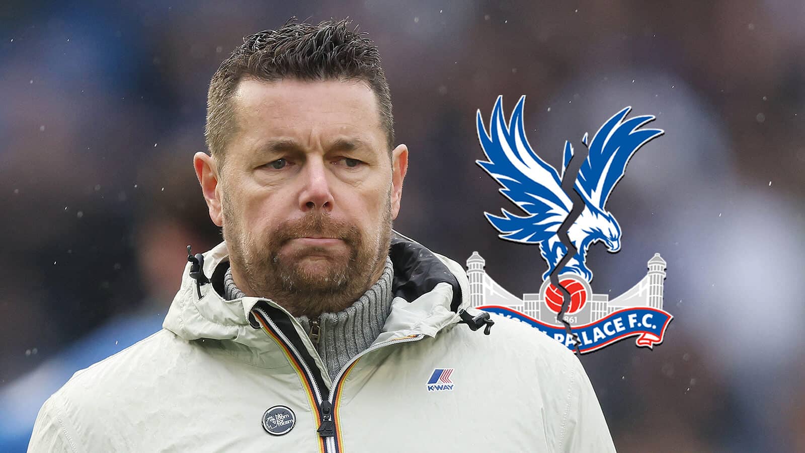 Crystal Palace boss Pierre Sage next to a cracked club badge