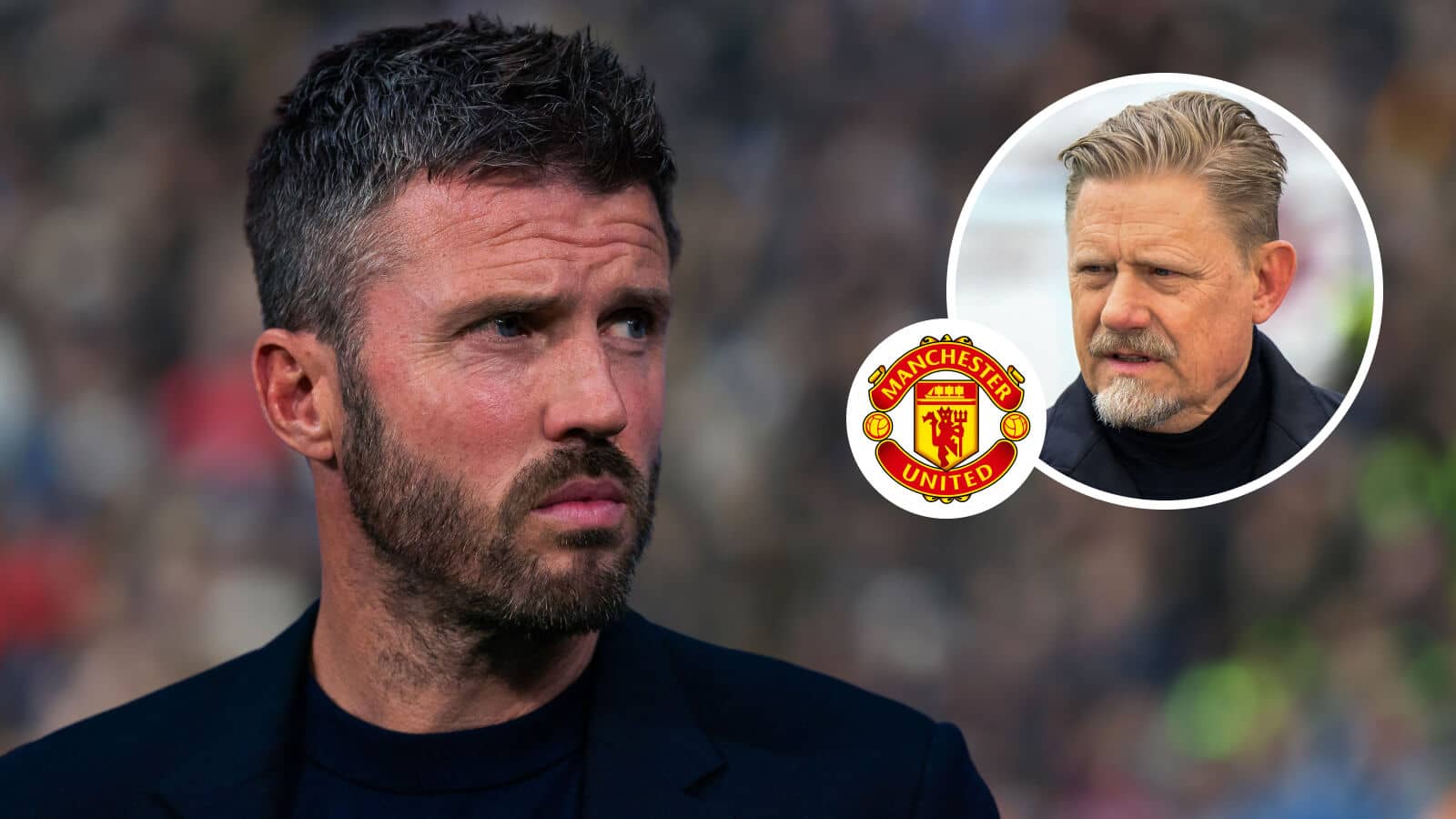 Michael Carrick, Manchester United badge and Peter Schmeichel - copyright TEAMtalk