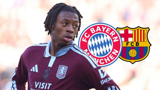 Aston Villa star Johan Manzambi with Bayern Munich and Barcelona badges