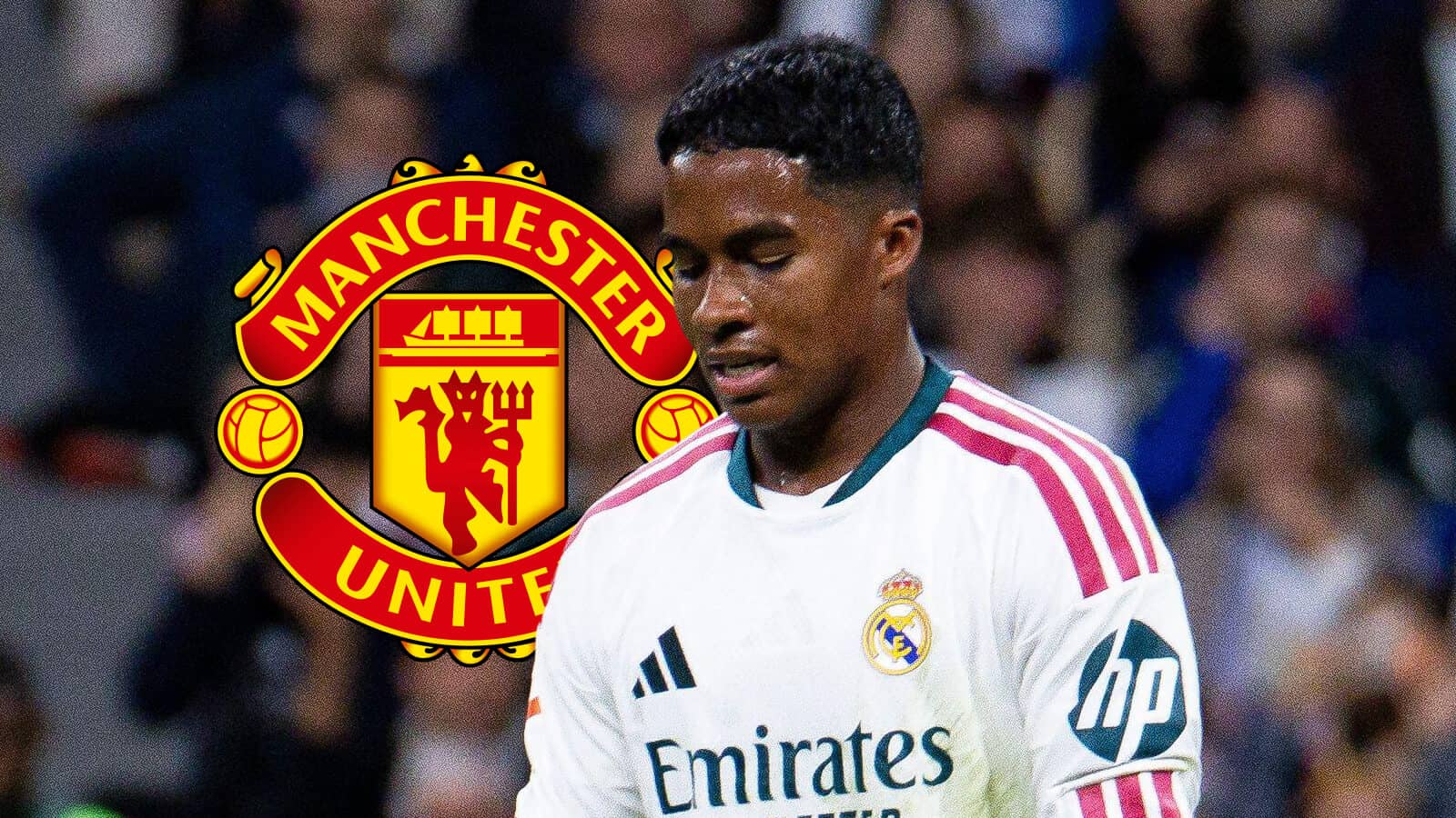 Manchester United badge next to Real Madrid striker Endrick - copyright TEAMtalk