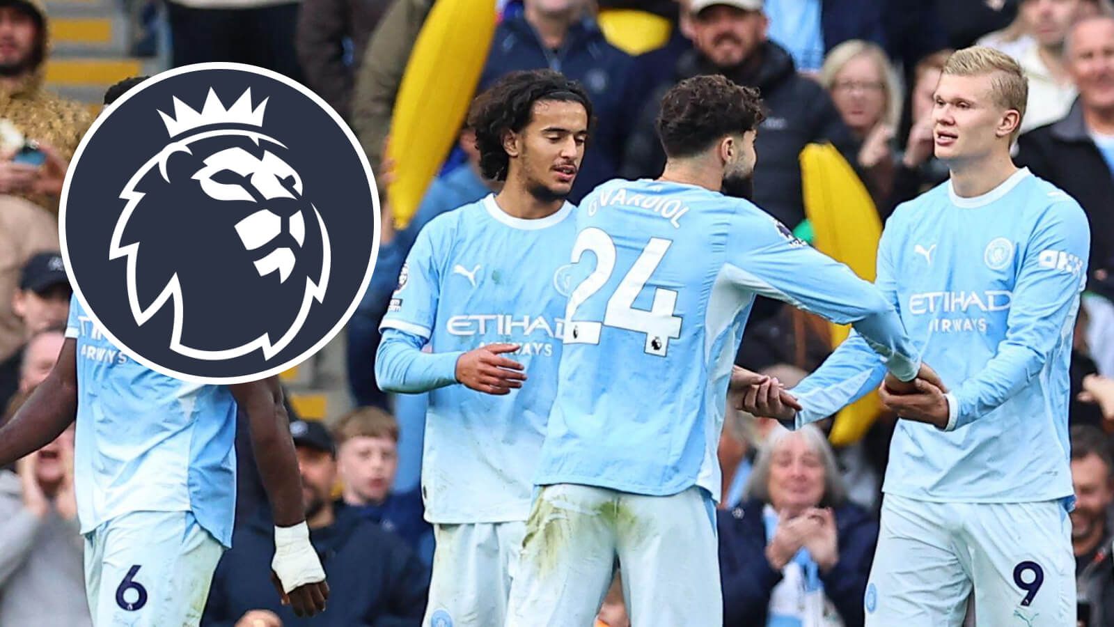 Manchester City players and the Premier League logo