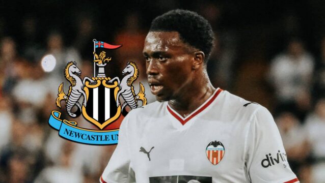 Valencia's David Otorbi with Newcastle badge