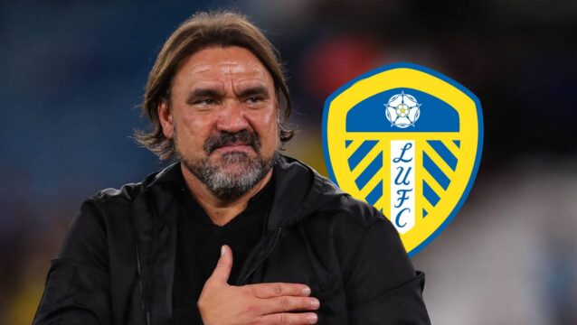 Leeds United manager Daniel Farke next to the club badge