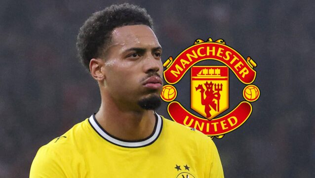 Borussia Dortmund star Felix Nmecha with a Man Utd badge