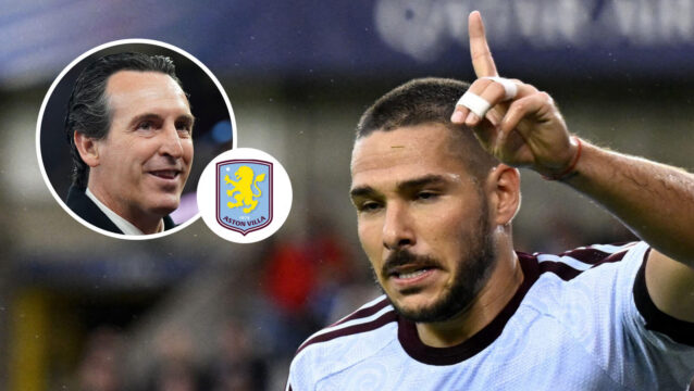 Aston Villa star Emi Buendia and, inset, Aston Villa boss Unai Emery next to the club badge