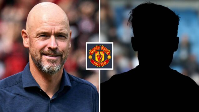 Split image of Former Manchester United manager Erik ten Hag and a shadow, with the Manchester United badge in between - copyright TEAMtalk