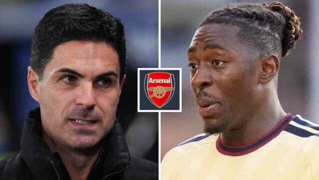 Arsenal manager Mikel Arteta and Eberechi Eze next to the Arsenal badge