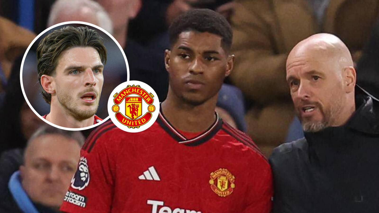 Arsenal star Declan Rice, Manchester United badge, and Marcus Rashford and Erik ten Hag at Manchester United - copyright TEAMtalk