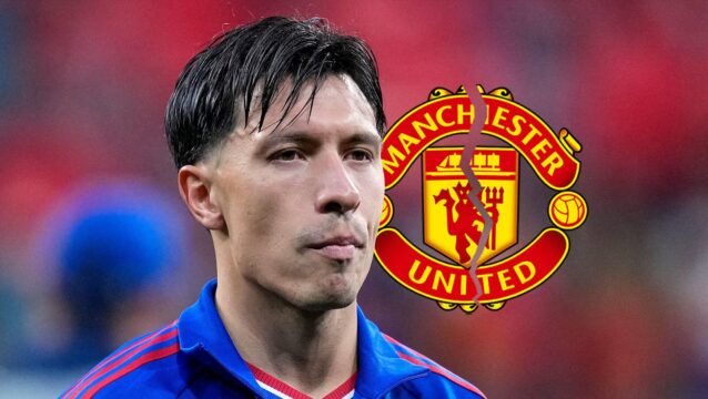 Manchester United star Lisandro Martinez next to a cracked club badge