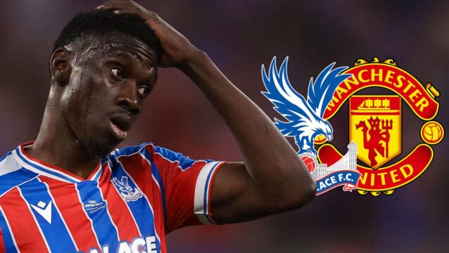 Ismaila Sarr with Crystal Palace and Man Utd badges