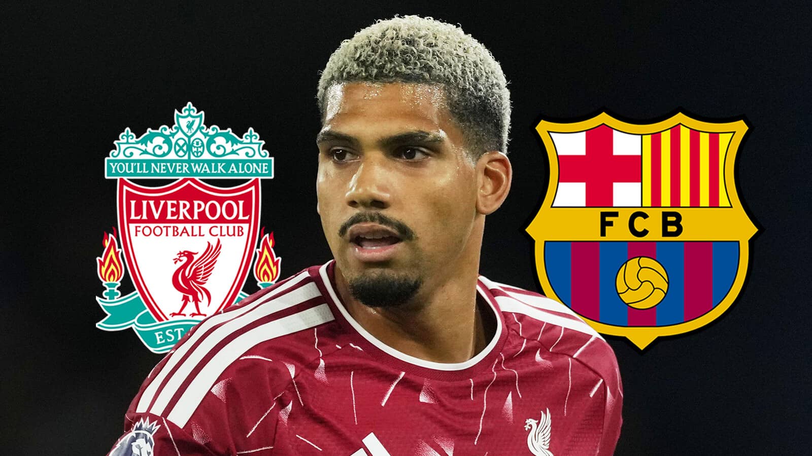 Liverpool badge, Ronald Araujo and Barcelona badge - copyright TEAMtalk