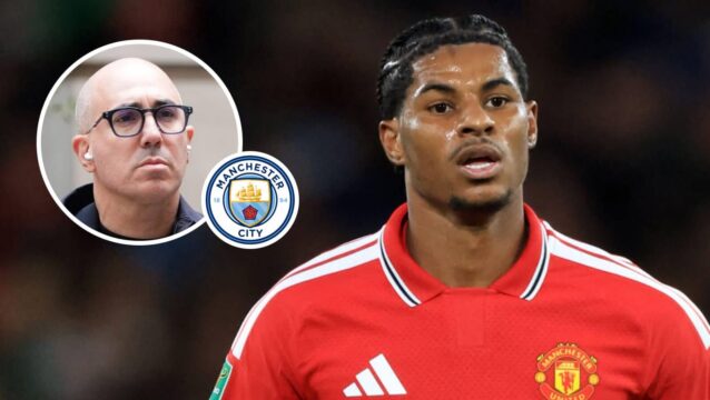 Omar Berrada, Manchester City badge and Manchester United winger Marcus Rashford - copyright TEAMtalk
