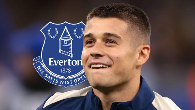 Club Brugge star Nicolo Tresoldi with an Everton badge