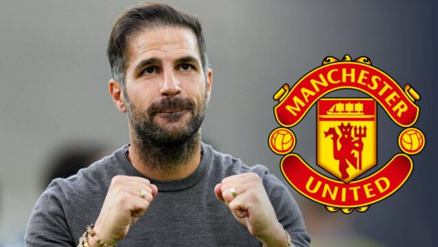 Como boss Cesc Fabregas with Man Utd badge