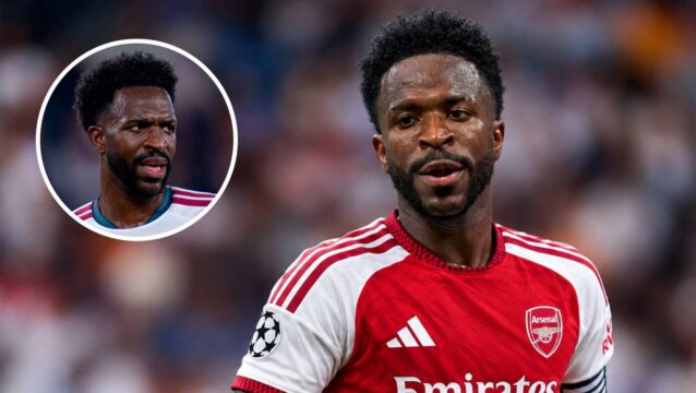 Vinícius Júnior with an Arsenal shirt Photoshopped on him and, inset, in his usual Real Madrid strip