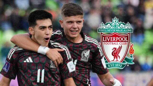 Mexico sensation Gilberto Mora (left) celebrates a goal with a teammate and is seen next to the Liverpool badge